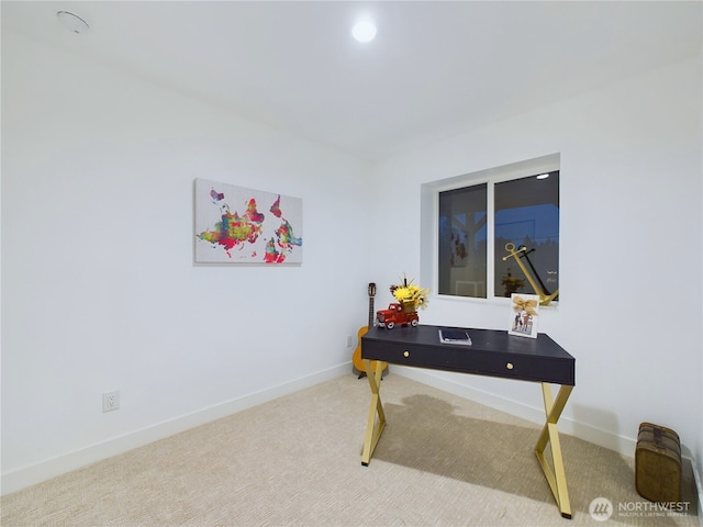 carpeted office featuring recessed lighting and baseboards