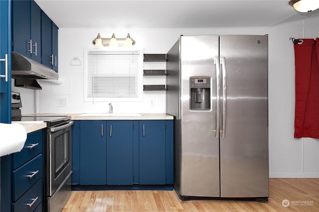 kitchen featuring light wood-type flooring, stainless steel appliances, blue cabinets, and sink