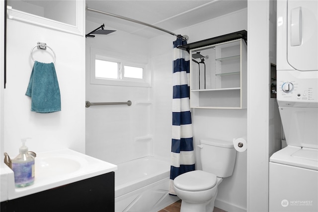 full bathroom with shower / tub combo, vanity, toilet, and stacked washer and clothes dryer