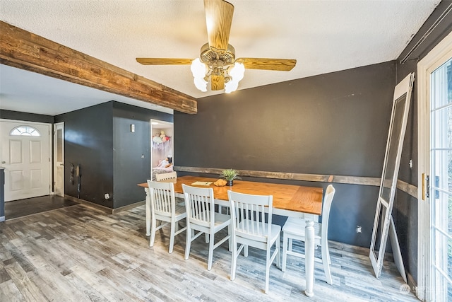 dining room featuring hardwood / wood-style flooring, ceiling fan, and a textured ceiling