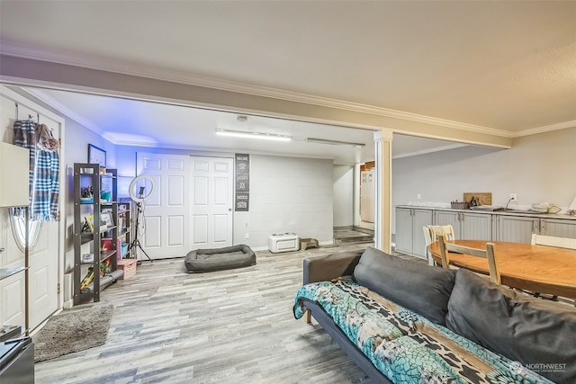 workout area featuring light hardwood / wood-style flooring and crown molding