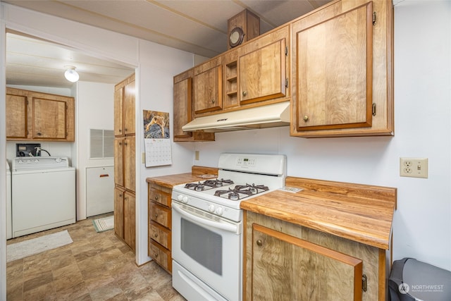 kitchen with white gas stove