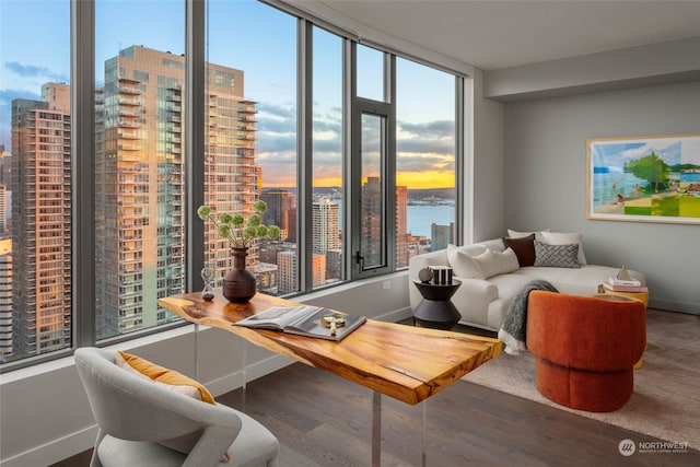 sitting room featuring a water view and wood-type flooring