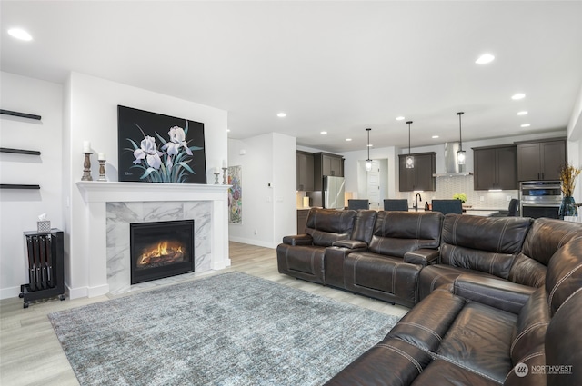 living room with sink, a fireplace, and light hardwood / wood-style flooring