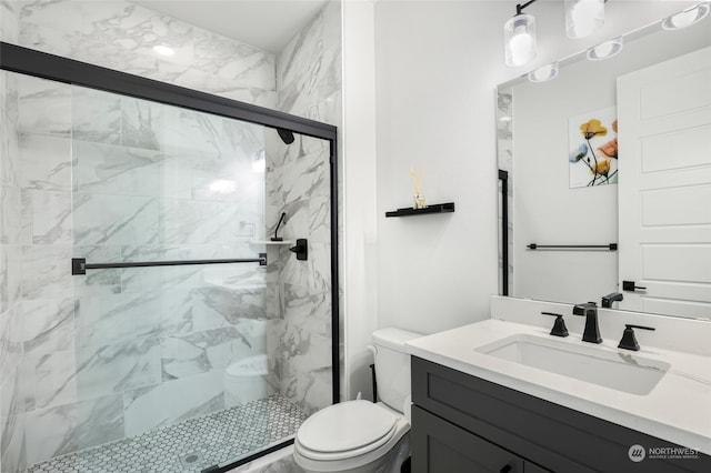 bathroom with vanity, toilet, and a shower with shower door