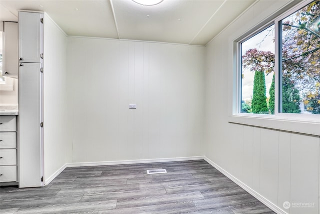 spare room featuring light hardwood / wood-style flooring, a healthy amount of sunlight, and wood walls