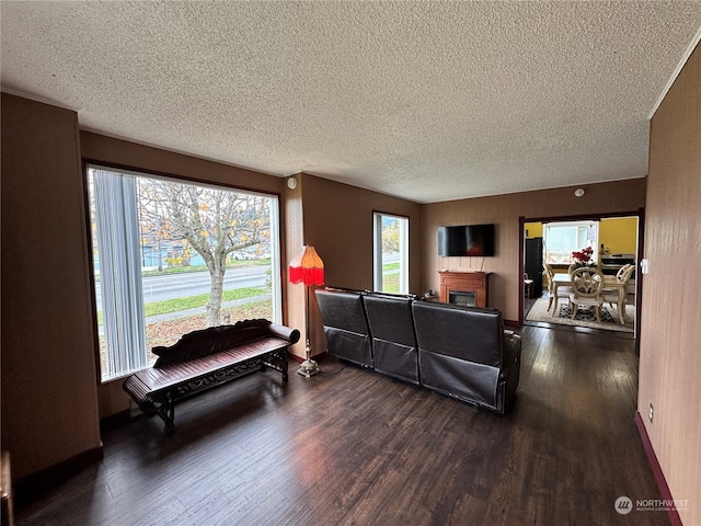 living room with a textured ceiling, dark hardwood / wood-style floors, and plenty of natural light