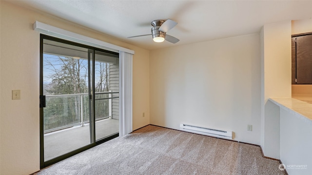 unfurnished room with light carpet, baseboard heating, and ceiling fan