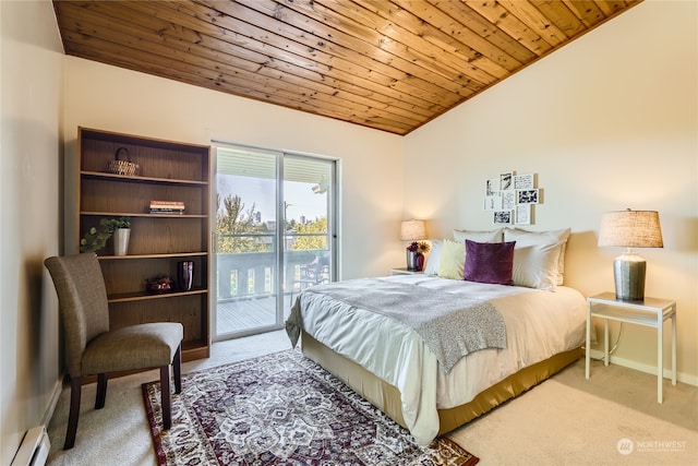 bedroom featuring access to exterior, carpet floors, wooden ceiling, and vaulted ceiling