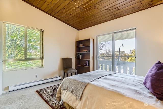 carpeted bedroom featuring baseboard heating, wooden ceiling, and lofted ceiling