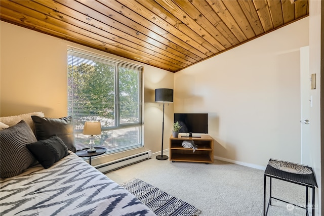 carpeted bedroom with a baseboard heating unit, lofted ceiling, and wooden ceiling