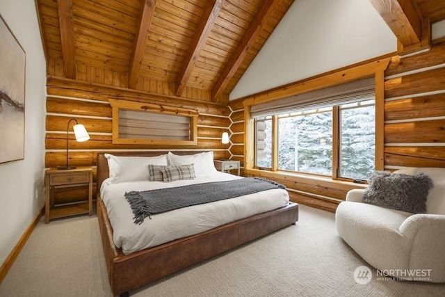 carpeted bedroom featuring vaulted ceiling with beams, rustic walls, and wooden ceiling