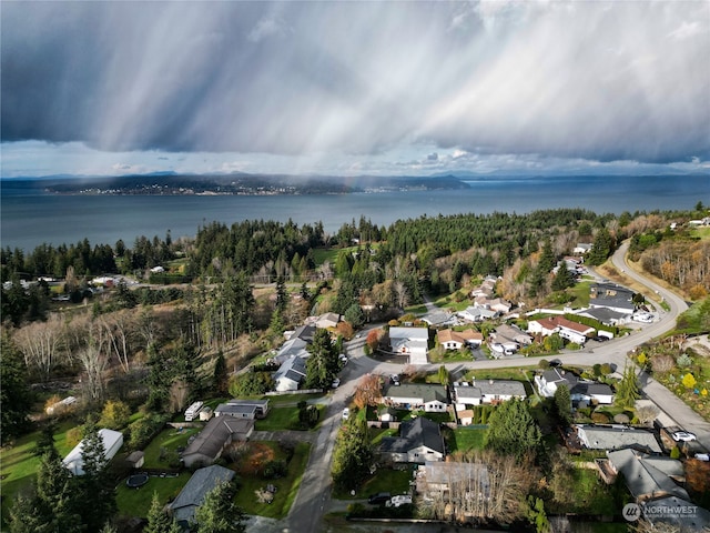 drone / aerial view featuring a water view