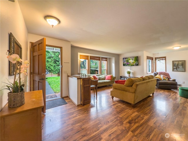 living room with dark wood-type flooring