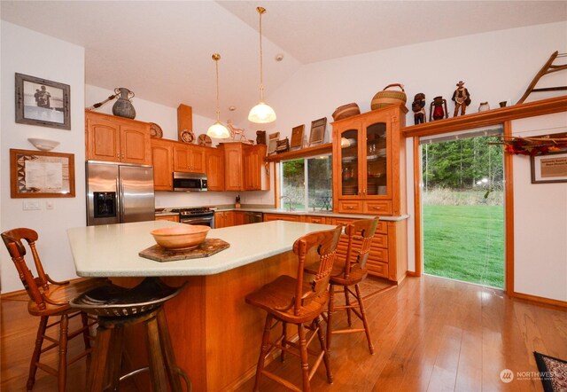 2245 Salzer Valley Rd, Centralia, WA 98531 - kitchen with appliances with stainless steel finishes, glass insert cabinets, light countertops, a kitchen bar, and light wood-type flooring