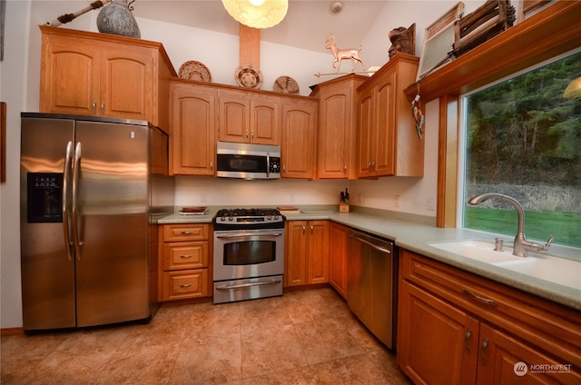 kitchen with sink, lofted ceiling, and stainless steel appliances