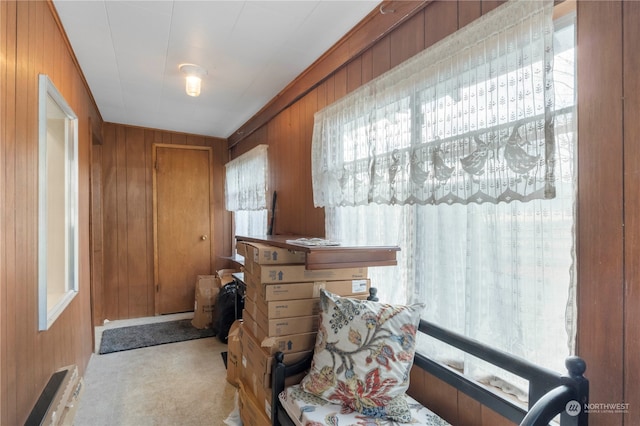 interior space featuring wood walls and light colored carpet