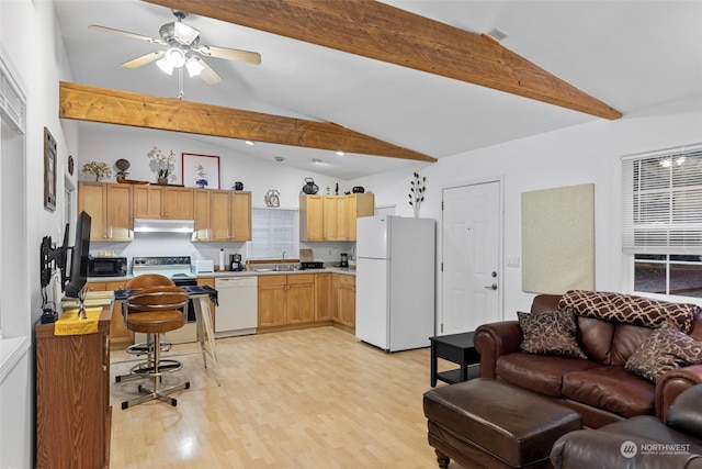 19731 Canyon Dr, Granite Falls, WA 98252 - kitchen with ceiling fan, sink, vaulted ceiling with beams, white appliances, and light wood-type flooring