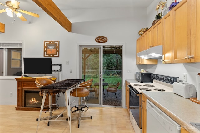 19731 Canyon Dr, Granite Falls, WA 98252 - kitchen with ceiling fan, white appliances, light brown cabinetry, and light hardwood / wood-style flooring
