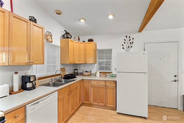 19731 Canyon Dr, Granite Falls, WA 98252 - kitchen featuring beamed ceiling, light wood-type flooring, white appliances, and sink