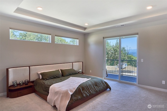 bedroom featuring multiple windows, light colored carpet, and access to exterior