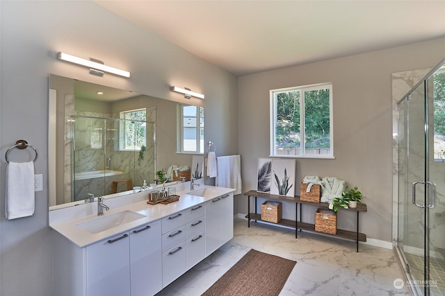 17726 142nd Ave E Unit 9, Puyallup, WA 98374 - bathroom featuring marble finish floors, double vanity, healthy amount of natural light, and a marble finish shower