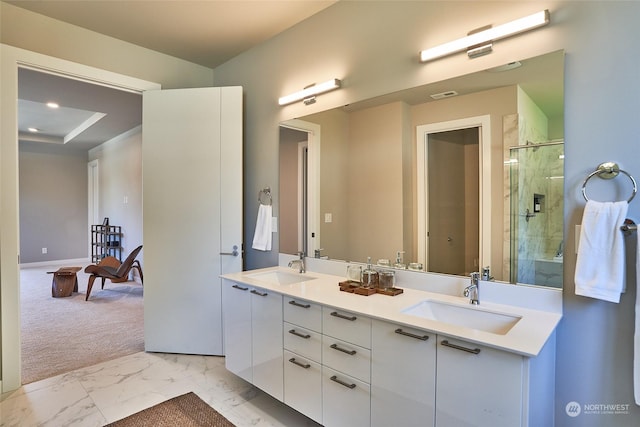 17726 142nd Ave E Unit 9, Puyallup, WA 98374 - bathroom with double vanity, marble look tiles, and tiled shower
