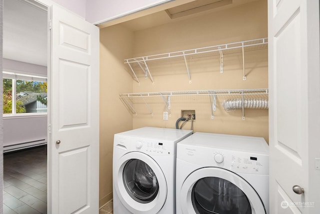 laundry area with a baseboard radiator and washing machine and clothes dryer