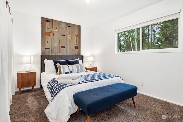 bedroom featuring dark carpet