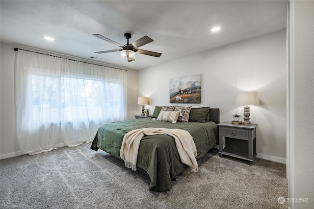 carpeted bedroom featuring ceiling fan