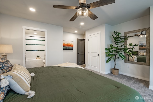 bedroom with carpet flooring, ceiling fan, and ensuite bathroom