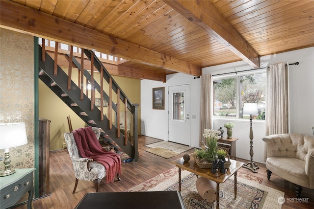 interior space featuring wood-type flooring and wooden ceiling