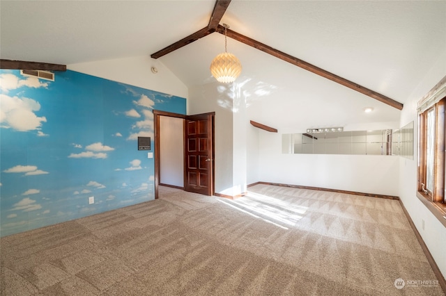 spare room featuring vaulted ceiling with beams, light carpet, and a chandelier