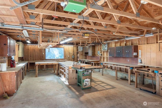 basement with a workshop area and wooden walls