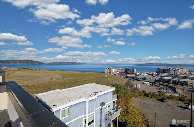 birds eye view of property with a water view