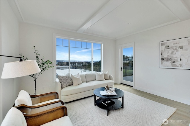 living area with beamed ceiling, baseboards, and wood finished floors
