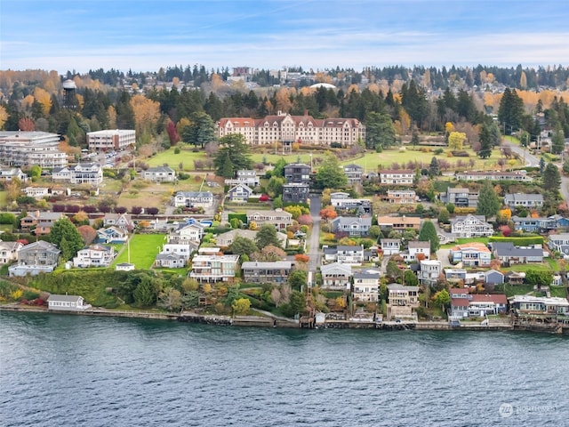 bird's eye view with a water view