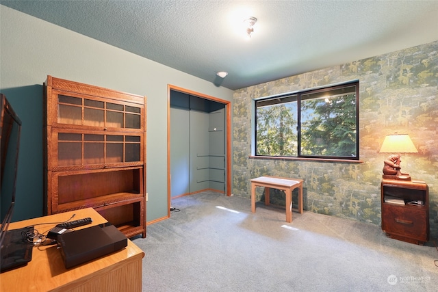 carpeted home office with a textured ceiling