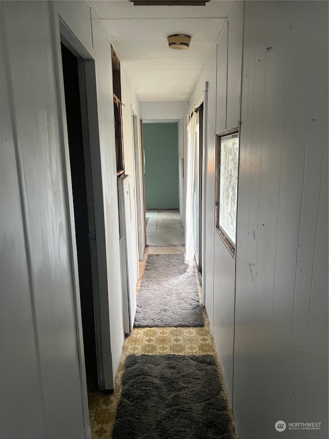 hall with light carpet and wood walls