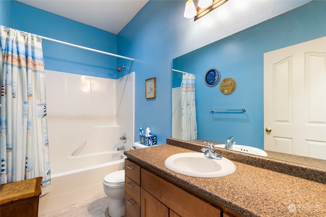 full bathroom with toilet, vanity, tile patterned floors, and shower / bathtub combination with curtain