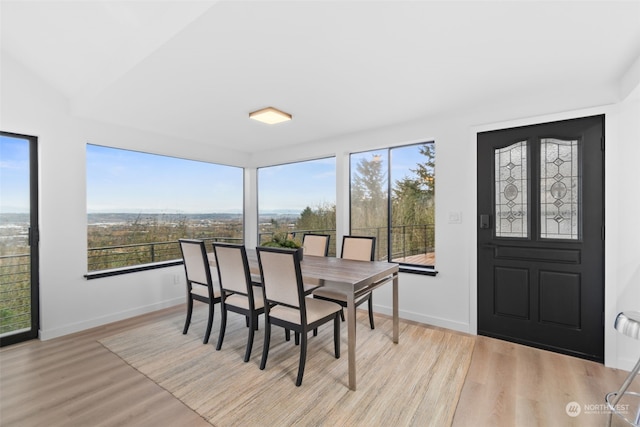 dining room with light hardwood / wood-style floors and vaulted ceiling