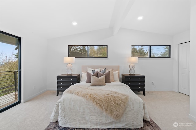 carpeted bedroom featuring vaulted ceiling with beams and access to outside