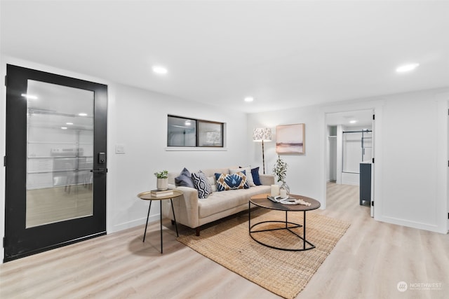 living room featuring a barn door and light wood-type flooring