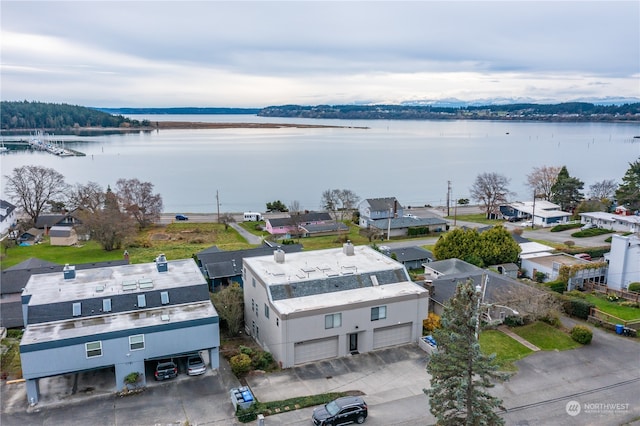 drone / aerial view featuring a water view