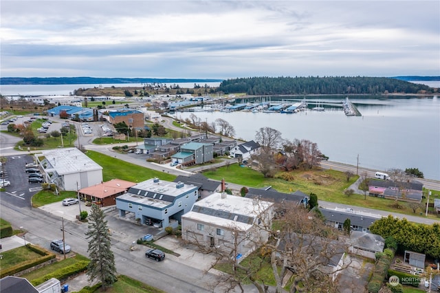 drone / aerial view with a water view