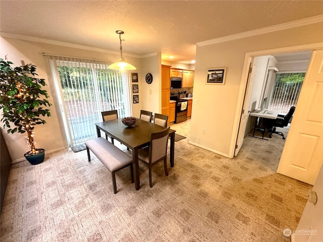 dining space with light carpet, crown molding, and a textured ceiling