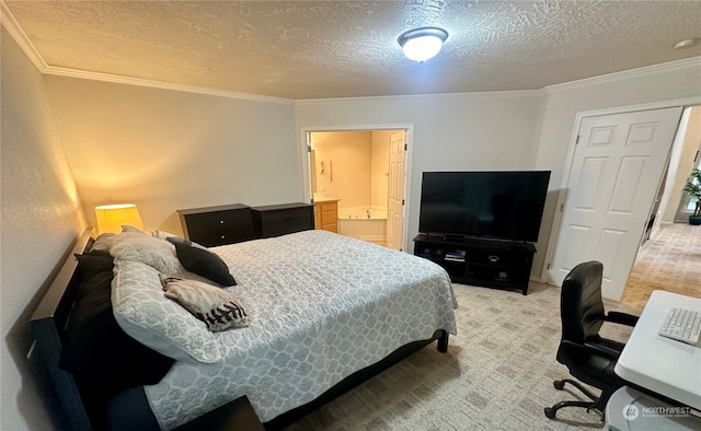 carpeted bedroom featuring crown molding, a textured ceiling, and connected bathroom