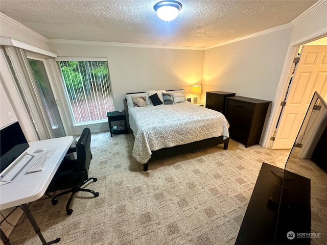 bedroom featuring carpet, ornamental molding, and a textured ceiling