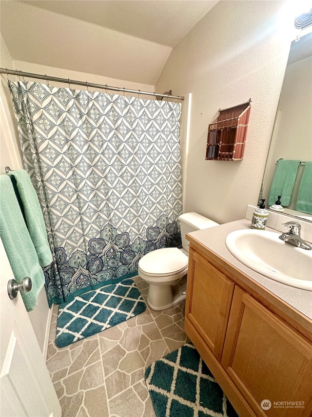 bathroom with vanity, vaulted ceiling, and toilet