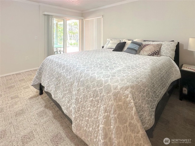 146 28th St NW, Long Beach, WA 98631 - bedroom with light carpet, ornamental molding, access to exterior, and baseboards